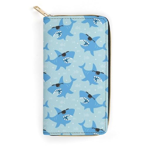 LZNJZ PU-Leder-Geldbörse, Cartoon-Textur, Giraffen-Geldbörse für Damen, Niedliche Cartoon-Haie, 19.7 x 10.5 x 3.5 cm von LZNJZ