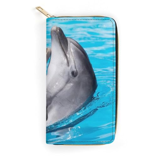 LZNJZ PU-Leder-Geldbörse, Wasserspiel-Delfin-Geldbörse für Damen, Wasserspielender Delfin, 19.7 x 10.5 x 3.5 cm von LZNJZ