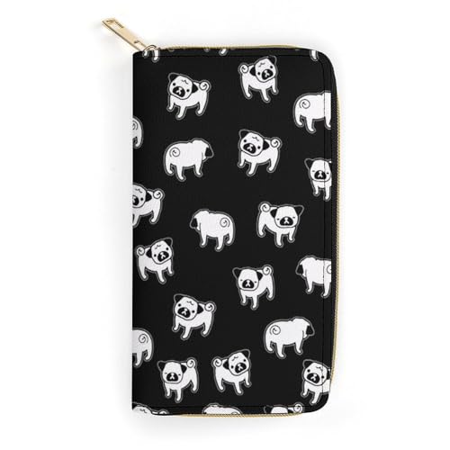 LZNJZ PU-Leder-Geldbörse, graue, elegante Hunde-Geldbörse für Damen, Schwarzer Cartoon-Mops, 19.7 x 10.5 x 3.5 cm von LZNJZ