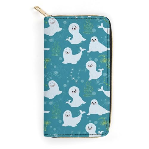 LZNJZ PU Leder Geldbörsen, Cartoon Seetang Seal Geldbörse für Damen, Cartoon Seetang-Siegel, 19.7 x 10.5 x 3.5 cm von LZNJZ