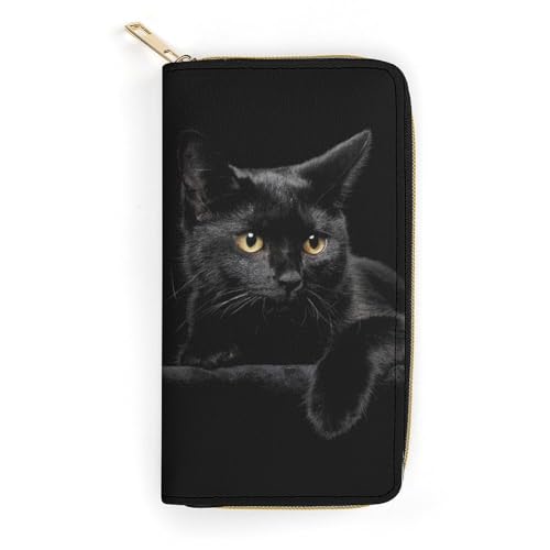 LZNJZ PU Leder Geldbörsen, Cartoon Seetang Seal Geldbörse für Damen, Staring Black Cat, 19.7 x 10.5 x 3.5 cm von LZNJZ