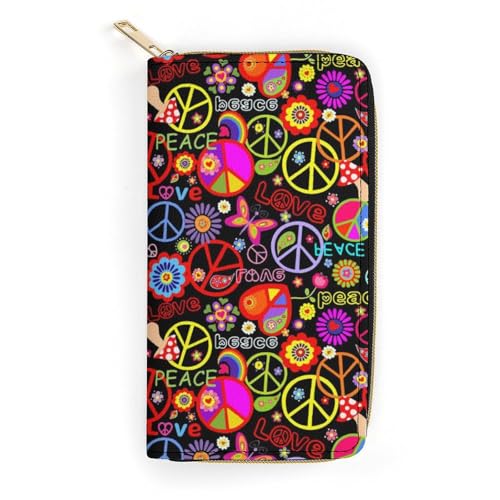 LZNJZ PU Leder Geldbörsen Lustige Cartoon Affe Geldbörse für Frauen, Bunte Blumen Frieden, 19.7 x 10.5 x 3.5 cm von LZNJZ