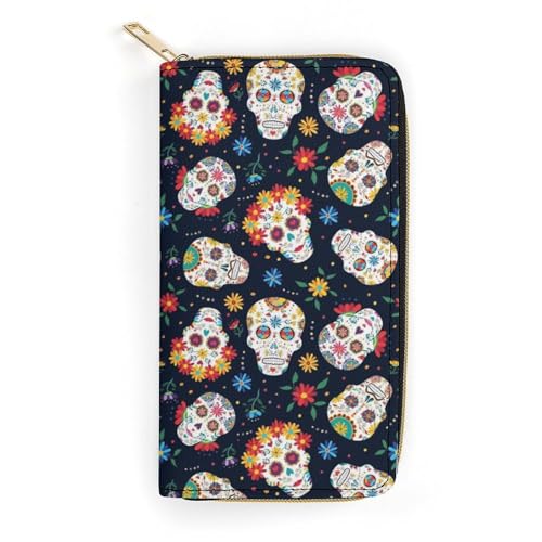 LZNJZ PU Leder Geldbörsen Trinidad und Tobago Flag Geldbörse für Damen, Bunte Cartoon-Totenkopf, 19.7 x 10.5 x 3.5 cm von LZNJZ