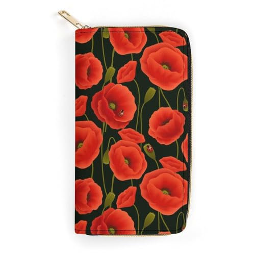 LZNJZ PU Leder Geldbörsen Trinidad und Tobago Flag Geldbörse für Damen, Rote Cartoon-Marienkäfer-Blume, 19.7 x 10.5 x 3.5 cm von LZNJZ