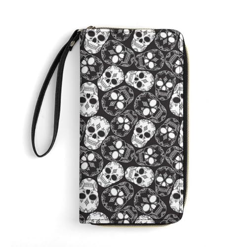 LZNJZ PU Leder Geldbörsen für Damen, Schwarz Komplex Totenkopf Geldbörse mit Handschlaufe, Black Complex Skull, 19.7x10.5cm von LZNJZ