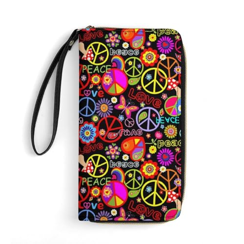 LZNJZ PU Leder Geldbörsen für Damen, Schwarz Komplex Totenkopf Geldbörse mit Handschlaufe, Bunte Blumen Frieden, 19.7x10.5cm von LZNJZ