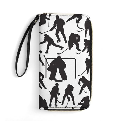 LZNJZ PU Leder Geldbörsen für Damen, Schwarz Komplex Totenkopf Geldbörse mit Handschlaufe, Cartoon-Eishockey, 19.7x10.5cm von LZNJZ