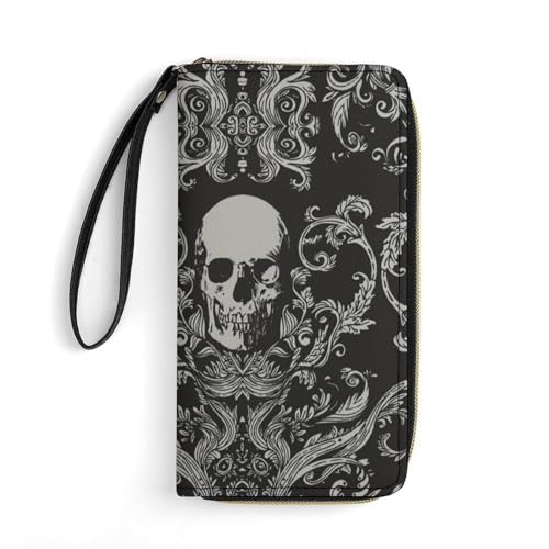LZNJZ PU Leder Geldbörsen für Damen, Schwarz Komplex Totenkopf Geldbörse mit Handschlaufe, Grauer Totenkopf, 19.7x10.5cm von LZNJZ