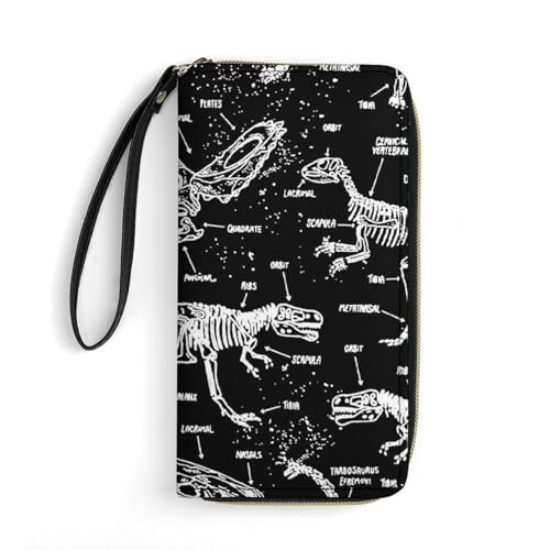 LZNJZ PU Leder Geldbörsen für Damen, Schwarz Komplex Totenkopf Geldbörse mit Handschlaufe, Komplexer Cartoon-Dinosaurier, 19.7x10.5cm von LZNJZ