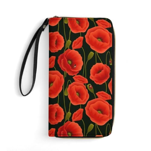 LZNJZ PU Leder Geldbörsen für Damen, Schwarz Komplex Totenkopf Geldbörse mit Handschlaufe, Rote Cartoon-Marienkäfer-Blume, 19.7x10.5cm von LZNJZ