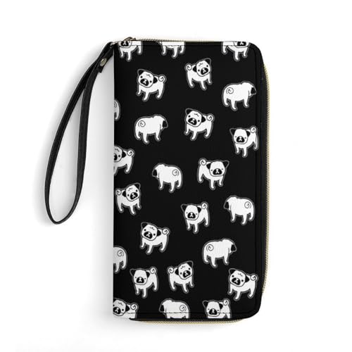 LZNJZ PU Leder Geldbörsen für Damen, Schwarz Komplex Totenkopf Geldbörse mit Handschlaufe, Schwarzer Cartoon-Mops, 19.7x10.5cm von LZNJZ