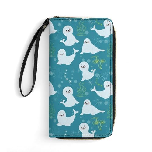 LZNJZ PU Leder Geldbörsen für Damen, schwarz, einfache Zebra-Geldbörse mit Handgelenkschlaufe, Cartoon Seetang-Siegel, 19.7x10.5cm von LZNJZ