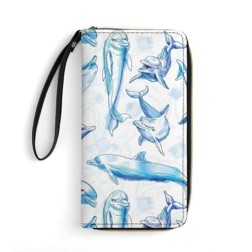 LZNJZ PU Leder Geldbörsen für Damen, schwarz, einfache Zebra-Geldbörse mit Handgelenkschlaufe, Niedlicher Delfin, 19.7x10.5cm von LZNJZ