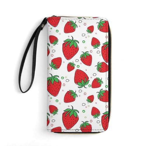 LZNJZ PU Leder Geldbörsen für Damen, schwarz, einfache Zebra-Geldbörse mit Handgelenkschlaufe, Rote Cartoon-Erdbeere, 19.7x10.5cm von LZNJZ