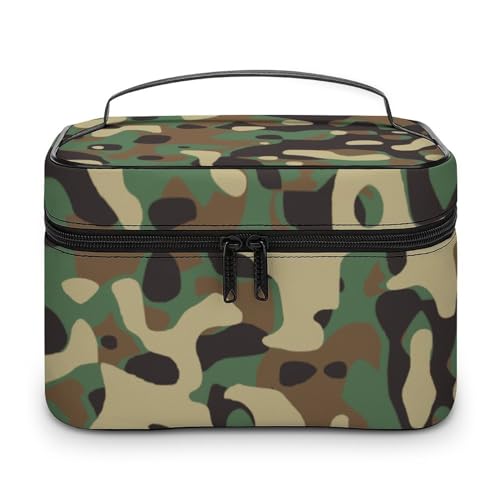 Make-up-Tasche aus PU-Leder, tragbare Kulturbeutel, Motiv: Monstera-Blätter, Kulturbeutel für Damen und Herren, Grün, Klassisches grünes Camouflage, 25x18x15cm von LZNJZ