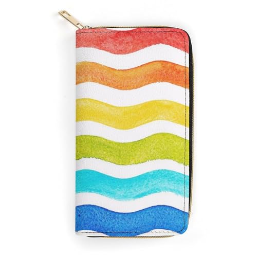 PU Leder Geldbörsen Grün Monstera Leaves Geldbörse für Damen, Aquarell, Regenbogenfarben, 19.7 x 10.5 x 3.5 cm von LZNJZ
