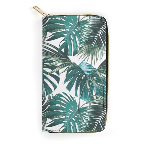 PU Leder Geldbörsen Grün Monstera Leaves Geldbörse für Damen, Grüne Monstera-Blätter, 19.7 x 10.5 x 3.5 cm von LZNJZ