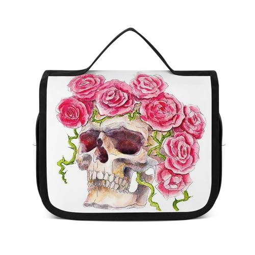Reise-Kulturbeutel, tragbare Make-up-Tasche, Kranz, Totenkopf-Kulturbeutel für Damen und Herren, Totenkopf mit Rosenüberzug, 22.5x18.5cm Reise-Kulturbeutel, tragbare Make-up-Tasche, Kranz, Totenkopf-Kulturbeutel für Damen und Herren, Totenkopf mit Rosenüberzug, 22.5x18.5cm von LZNJZ