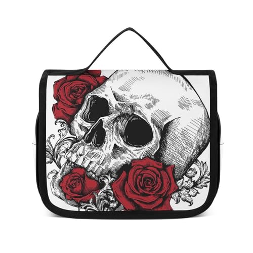 Reise-Kulturbeutel, tragbare Make-up-Tasche, Kranz, Totenkopf-Kulturbeutel für Damen und Herren, Wunderschöne Rose und Totenkopf, 22.5x18.5cm von LZNJZ