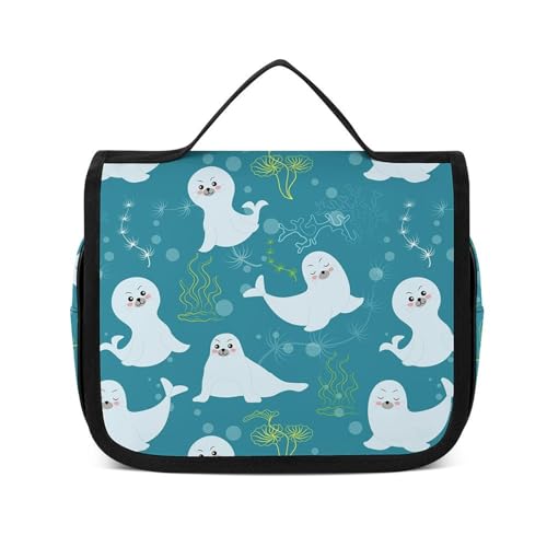 Reise-Kulturbeutel, tragbare Make-up-Tasche, schwarz, Schlichter Zebra-Kulturbeutel für Damen und Herren, Cartoon-Algen-Siegel, 22.5x18.5cm Reise-Kulturbeutel, tragbare Make-up-Tasche, schwarz, Schlichter Zebra-Kulturbeutel für Damen und Herren, Cartoon-Algen-Siegel, 22.5x18.5cm von LZNJZ
