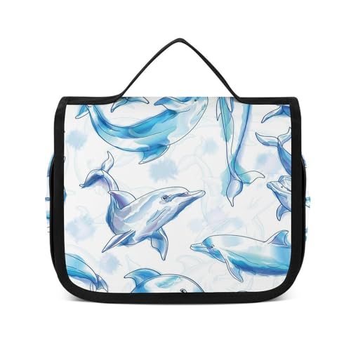 Reise-Kulturbeutel, tragbare Make-up-Tasche, schwarz, Schlichter Zebra-Kulturbeutel für Damen und Herren, Niedlicher Delfin, 22.5x18.5cm Reise-Kulturbeutel, tragbare Make-up-Tasche, schwarz, Schlichter Zebra-Kulturbeutel für Damen und Herren, Niedlicher Delfin, 22.5x18.5cm von LZNJZ