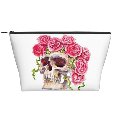 Tragbarer Kulturbeutel für Damen und Herren, Totenkopf-Make-up-Tasche mit Rosenüberzug, Totenkopf mit Rosenüberzug, Einheitsgröße von LZNJZ