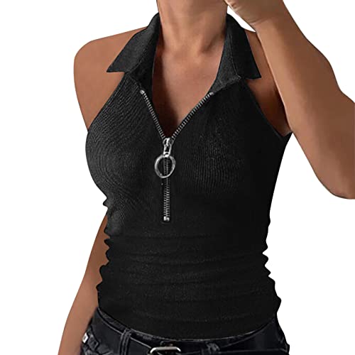 Bluse Ohne Ärmel Damen Mit Kragen | Sommer Tops Damen Eng | V-Ausschnitt Bluse Mit Reißverschluss Neckholder Top Sommer-Sexy Stricktop Ärmellose Oberteile Slim Fit Blusentops Sommertops T-Shirt von LZPCarra