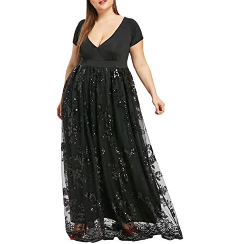 Damenkleider Festlich FüR Mollige Frauen: Sommerkleid Damen Lang Maxikleid Elegant Abendkleider Kurzarm V-Ausschnitt Paillettenkleid A-Line Strandkleid Lang Glitzer-Ballkleider GroßE GrößEn Partykleid von LZPCarra