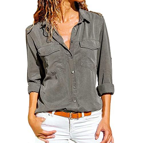 Hemdbluse Damen Langarm BüGelfrei - Blusen Damen Langarm Elegant Damenblusen Einfarbig Sommerbluse Revers Langarmshirt Casual Bluse Langarm Shirts Mit KnöPfen Hemdbluse Business Hemd Tunika Tops von LZPCarra