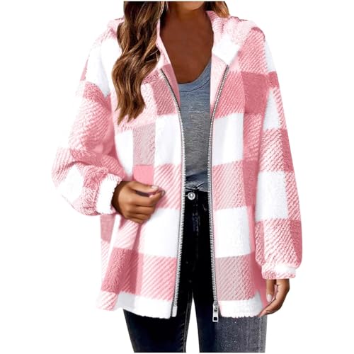 Hemdjacke Damen Lang Karierte Jacke Damen Gefüttert Fleecejacke Mit Kapuze Outdoor Plüschjacke Kariert Übergangsjacke Flauschig Kuscheljacke Warm Winterjacke Reißverschluss Kapuzenjacke von LZPCarra