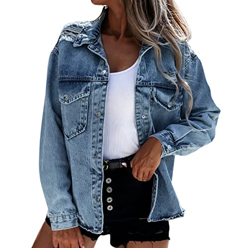 Jeansjacke Damen Oversize Lang: Damen-Jacken Jeansjacke Leichte FrüHlingsjacke Langarm üBergangsjacke FrüHling-Jeansjacken MäDchen Damenjacken Elegant Sommerjacke Boyfriend Denim-Jacke hemdjacke von LZPCarra