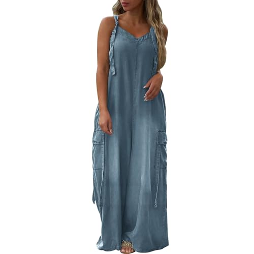 Jumpsuit Damen Sommer Lang Locker Latzhose Damen Arbeitshose Blau Hosenanzug Elegant Einteiler Mit Taschen Overall Ärmellose Arbeitslatzhose Einfarbig Strampler V-Ausschnitt Romper Casual Playsuit von LZPCarra