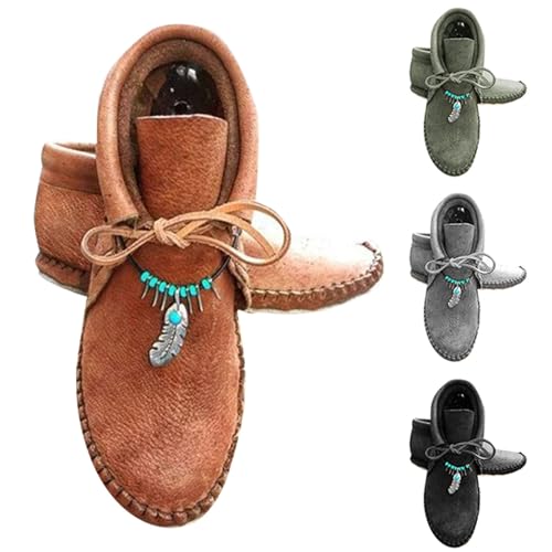 LZPCarra Biker Stiefel Damen LederAnkle Boots Damen Braun Stiefeletten Elegant Kurze Lederschuhe Flach Winterstiefel Bequeme Damenstiefel Rutschfest Schlupfstiefel Warm Knöchelschuhe Freizeitschuhe von LZPCarra