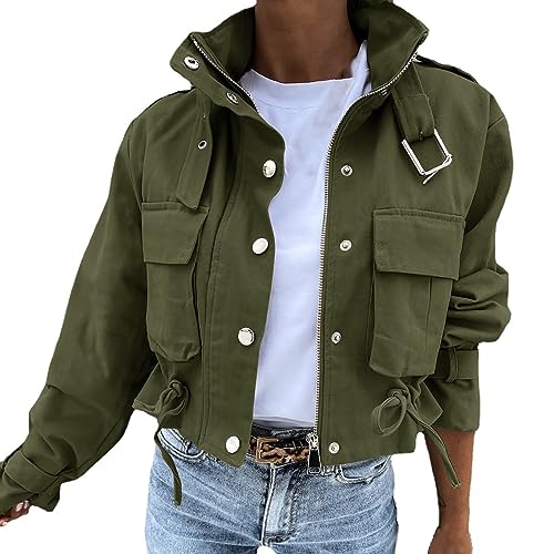 LZPCarra Damen CAGO Jacke Kurz Übergangsjacke Warm jacken Mit Reißverschluss Kurzmantel Vintage Kapuzenjacke Leicht Jeansjacke -Jacken Oversize College Jacke Bikerjacke Boyfriend Mantel von LZPCarra
