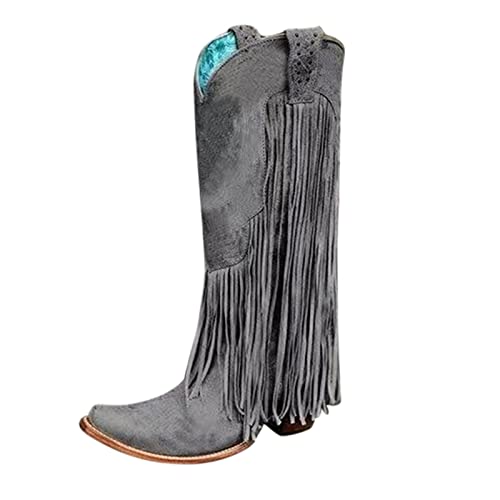 LZPCarra Damen Plus Size Winter Chunky Heel Fringe Boots Damen High Heel Boots Hohe Stiefel Damen Schuhe Mit Absatz Winter (Grey, 37) von LZPCarra