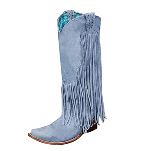 LZPCarra Damen Plus Size Winter Chunky Heel Fringe Boots Damen High Heel Boots Hohe Stiefel Damen Schuhe Mit Absatz Winter (Light Blue, 37) von LZPCarra