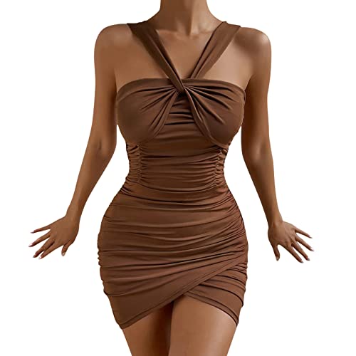 LZPCarra Dunkelrotes Abendkleid Bodycon Kleider Minikleid Sexy V-Ausschnitt Hüfte Plissee Langarm Casual Club Kleid Minikleid Blumen (Brown, M) von LZPCarra