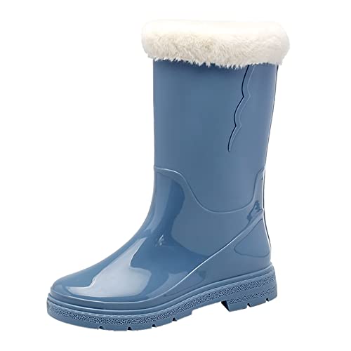 LZPCarra Frauen High Heel Kniehohe Komfort Damen Schuhe Mittlere Waden Schneestiefel Rutschfeste Fleece Socken Innen Herausnehmbare Regenstiefel Outdoor Gummi Wasserschuhe Grüne Schuhe (Blue, 38) von LZPCarra