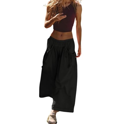 LZPCarra Jogginghose Damen Baumwolle Weites Bein, Sporthose Damen 3/4 Locker Freizeithose Sommer Leicht Sommerhose Mit Kordelzug Strandhose Mit Taschen Haremshose Einfarbig Relaxhose Casual Cargohose von LZPCarra