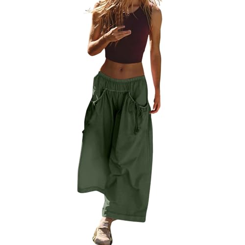 LZPCarra Jogginghose Damen Baumwolle Weites Bein, Sporthose Damen 3/4 Locker Freizeithose Sommer Leicht Sommerhose Mit Kordelzug Strandhose Mit Taschen Haremshose Einfarbig Relaxhose Casual Cargohose von LZPCarra