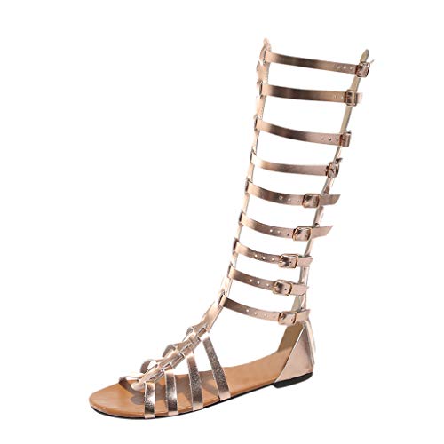 LZPCarra Sommerhoch Damenstiefel Frauen retro Sandalen Schuhe Wohnungen Mode beiläufige Knie Frauen Sandalen Hohe Schuhe Damen Größe 42 (Gold, 35) von LZPCarra