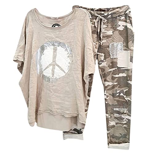LZPCarra Sportanzug Damen Set Sommer - Damen Hausanzug 2-Teilig Baumwolle, Zweiteiler Kurzarm Traingsanzug Jogginganzug 2 Stück Outfits Lose Tops Hose Druck Bluse Lange Camouflage Hose Set Sweatshirt von LZPCarra