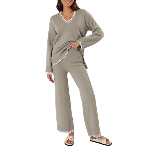 LZPCarra Strick Set Damen Zweiteiler Elegant, Strickanzug Damen Set Winter, Loungewear Set Langarm Freizeitanzug Pullover Und Strickhose V Ausschnitt Sportanzug Warm Kuschelanzug Kuschelig Tracksuit von LZPCarra