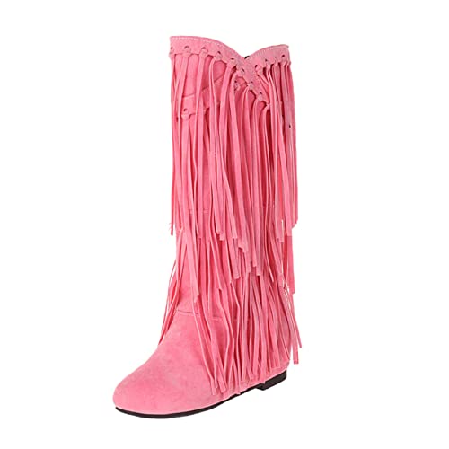 LZPCarra Winter-Stiefel mit dickem Absatz und Fransen in Übergröße für Damen, innen Booster, mittellange Stiefel Baby Mädchen 20 (Pink, 40) von LZPCarra