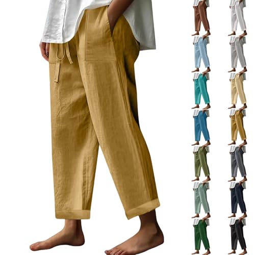 Leinenhose Damen Lang Sommer, Leichte Sommerhose Damen Stretch Freizeithose Große Größen Jogginghose Mit Taschen Sporthose Einfarbig Musselinhose Bequeme Strandhose Dünne Haremshose Sweathose von LZPCarra