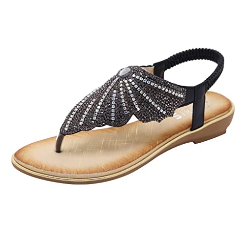 Plateau Sandalen Damen - Badesandalen Damen Glitzer, Strass Flache Sandaletten Sommer Offene Zehentrenner Bohemian Flip Flops Sommerschuhe Vintage Sandalen Flip Flops Zehentrenner Basic Sandalen von LZPCarra