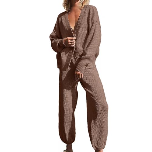 Strickanzug Damen Set Elegant | Strick Set Damen Zweiteiler Winter | Jogginganzug Baggy Loungewear Cardigan Und Strickhose Sweatanzug Mit Knöpfen Trainingsanzug Warm Freizeitanzug Kuschelanzug von LZPCarra