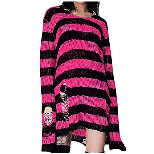 Striped Sweater Grunge - Grobstrickpullover Damen Lang-Strickpullover Oversize Gestreift-Langarmshirt Gothic Punk Pullover Langarm Pullover MäDchen Teenager Y2k Goth Pulli Harajuku Aesthetic Top von LZPCarra