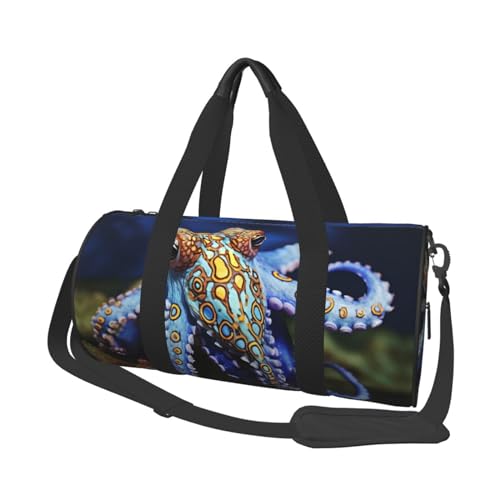 Blaue Ringeltasche Octopus Reisetasche für Damen Herren Turnbeutel Große Seesack Weekender Übernachtungstasche mit Schultergurt, Schwarz, Einheitsgröße, Schwarz , Einheitsgröße von LZQPOEAS