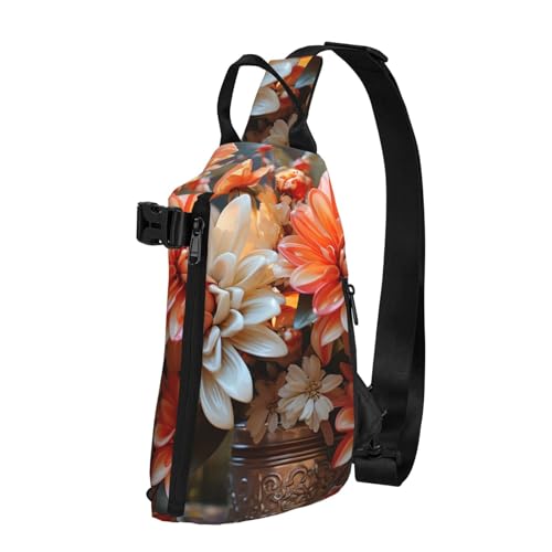 Crossbody Sling Rucksack Orange Blumen Sling Bag für Damen Herren Brusttasche Mode Hüfttasche Verstellbare Bauchtasche Schwarz Einheitsgröße, Schwarz , Einheitsgröße von LZQPOEAS
